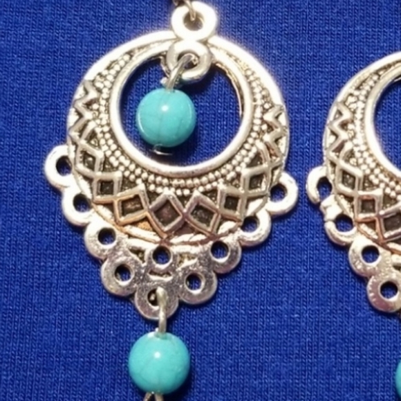 Bright Silver Detailed Earrings with blue beading - Picture 2 of 8